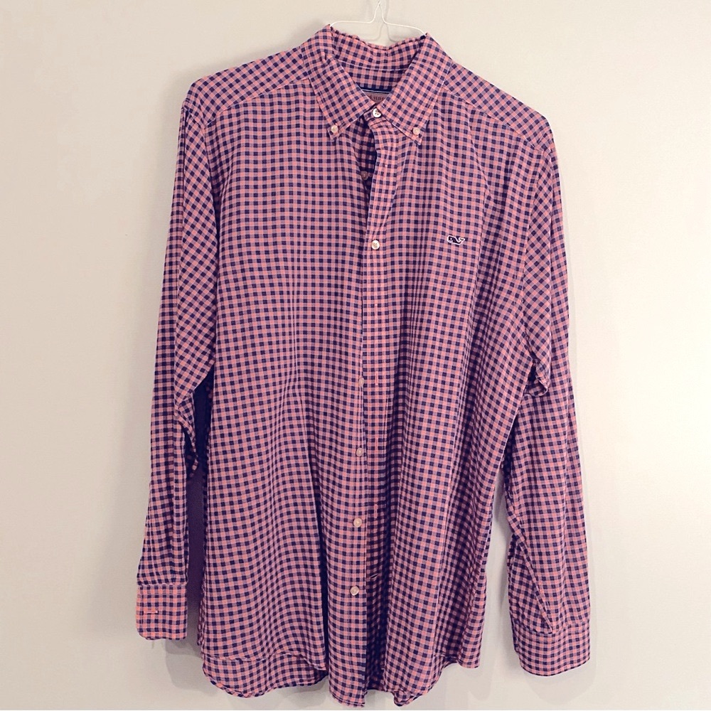 Vineyard Vines slim fit navy and pink check button down shirt size Large